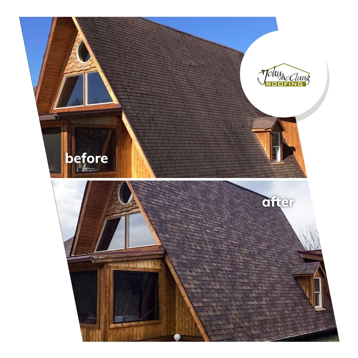 Before and after picture of a roofing project