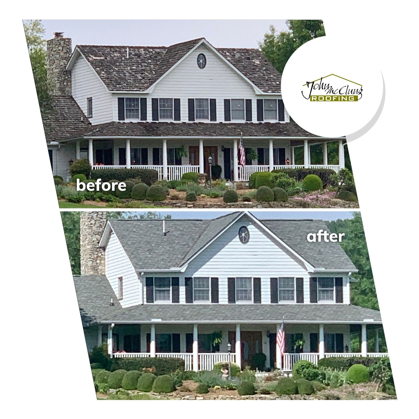 Before and after picture of two story house