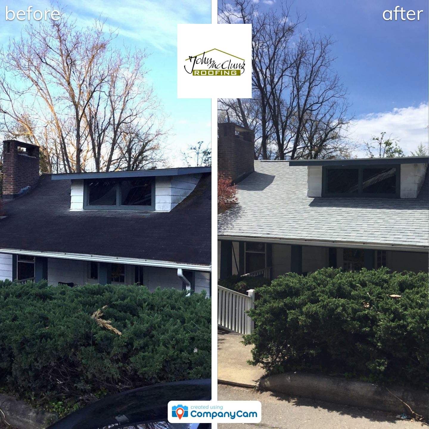 A before and after picture of a white house